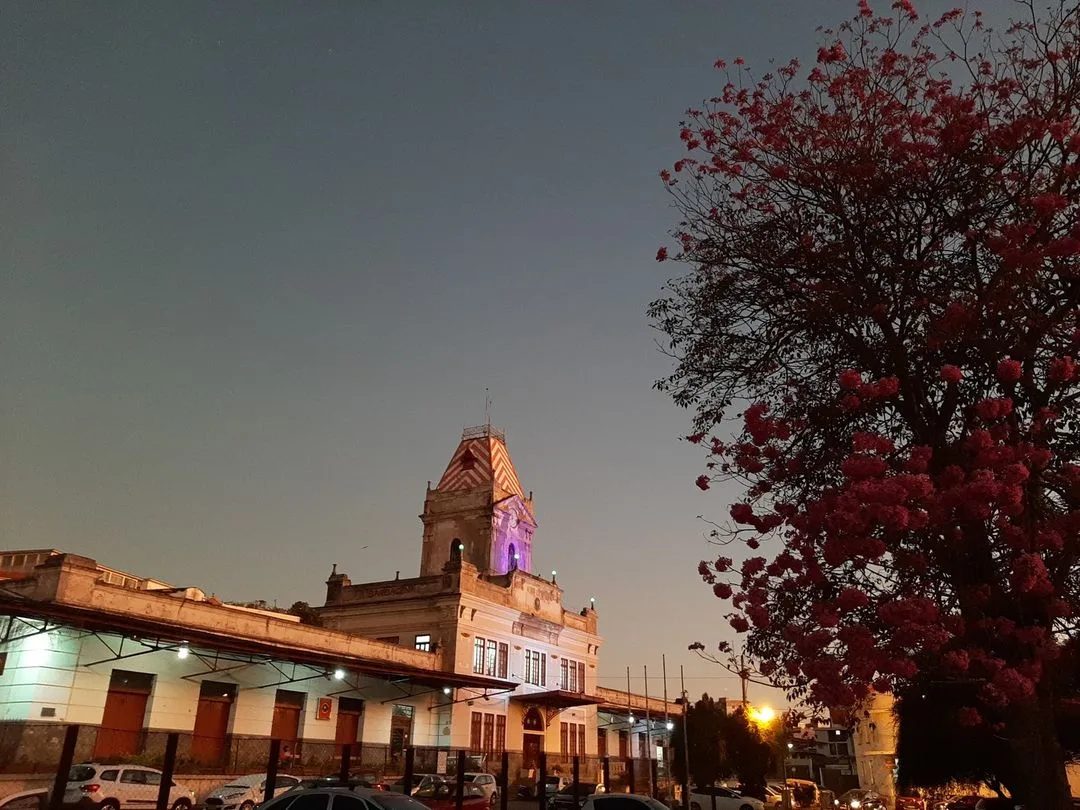 Edifício histórico de Barbacena ao anoitecer, com torre e uma árvore florida ao lado