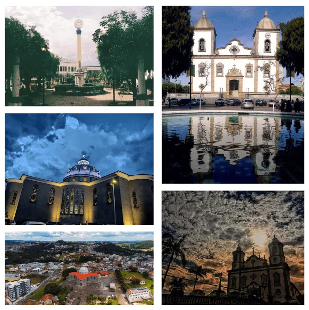 Mosaico de fotografias de Barbacena: praça arborizada, igrejas e vista aérea da cidade