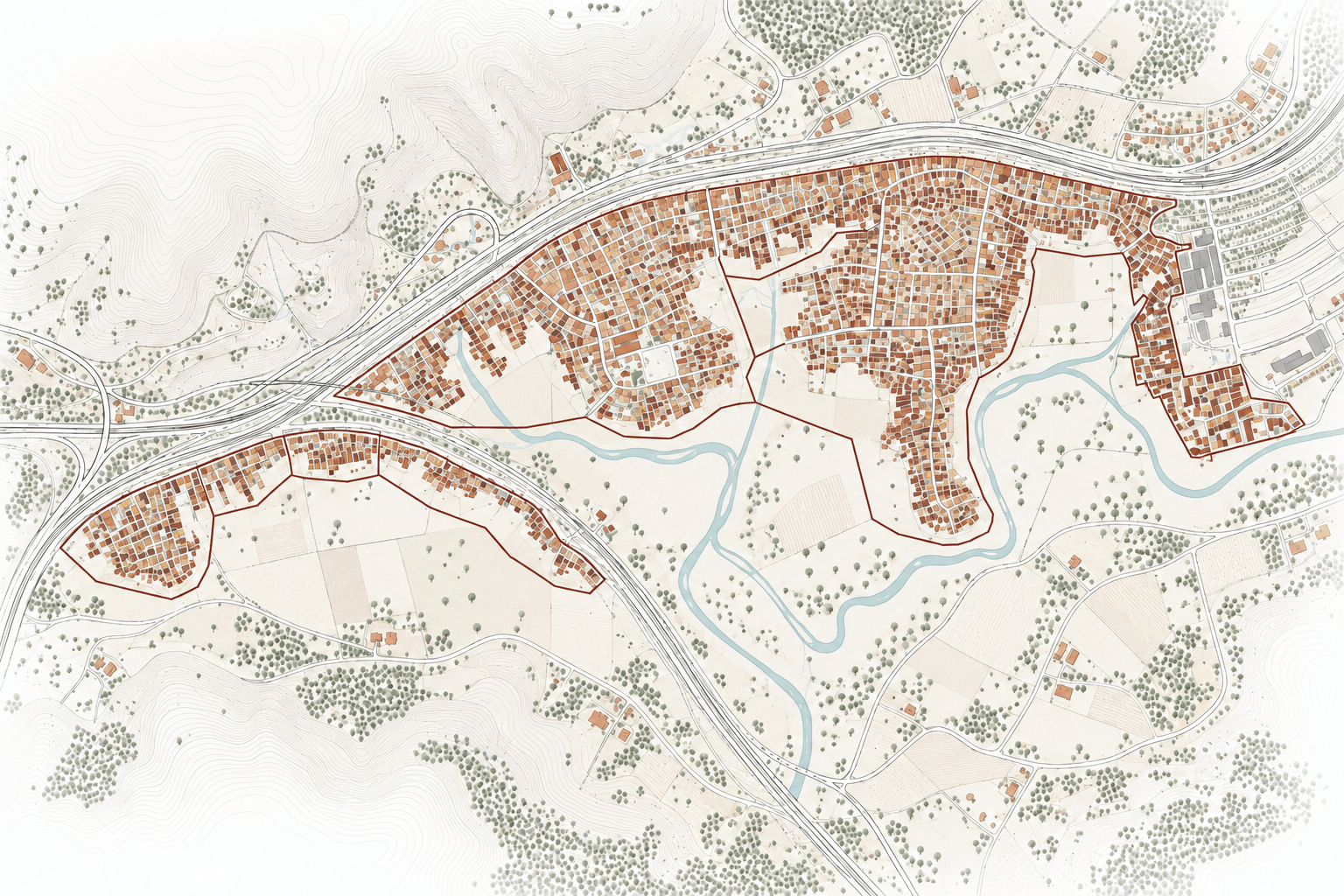 Ilustração de um mapa cadastral com lotes, vias e setores delimitados
