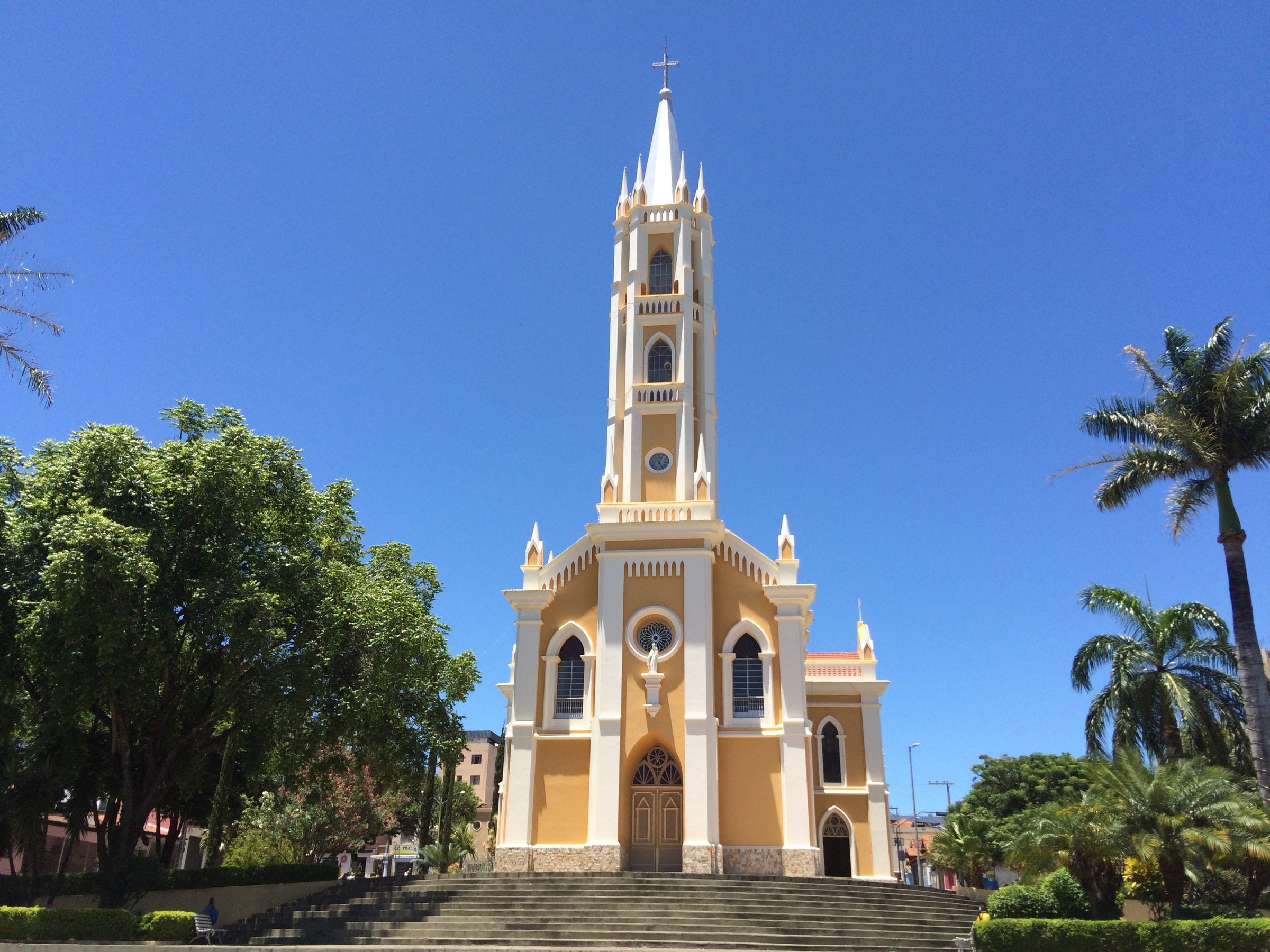 Igreja Matriz de Nossa Senhora do Carmo, cercada de árvores e palmeiras no centro de Carmo do Cajuru