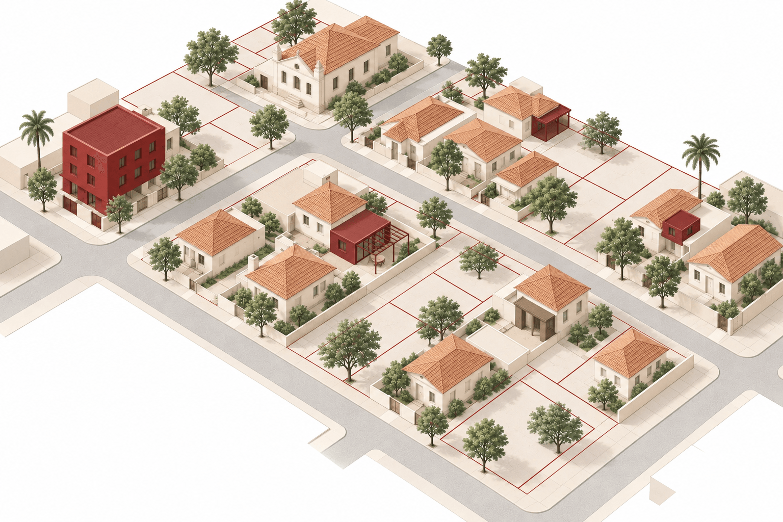 Ilustração de um bairro com limites de lotes e ampliações de imóveis destacadas