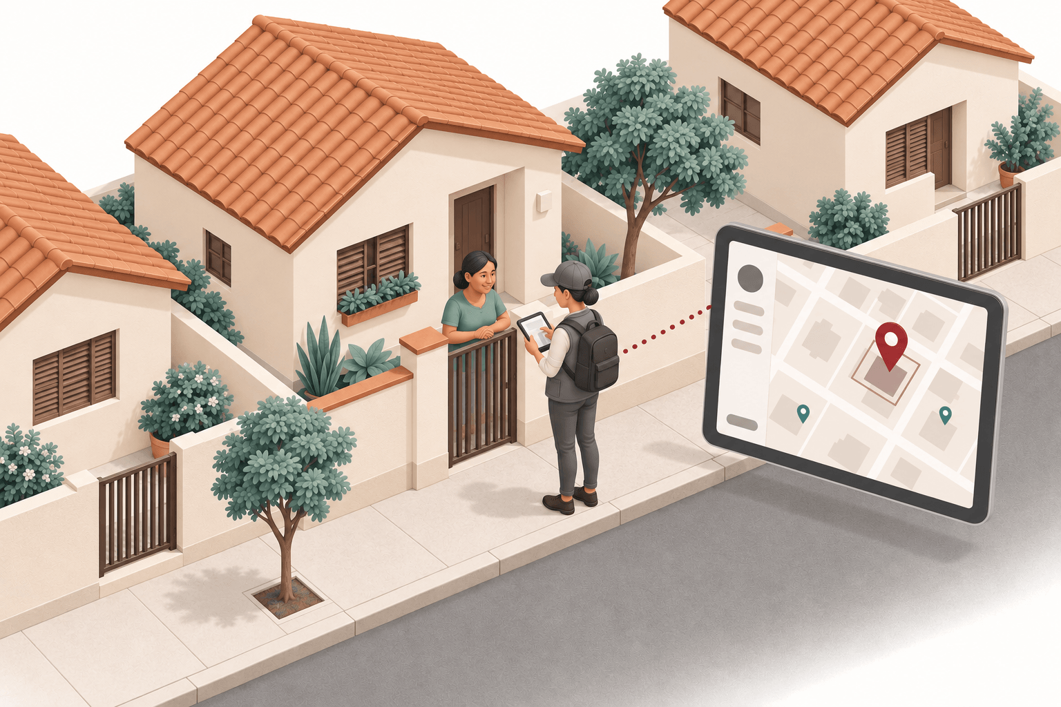 Ilustração de uma pesquisadora usando um tablet durante uma visita domiciliar, com os dados vinculados a pontos no mapa