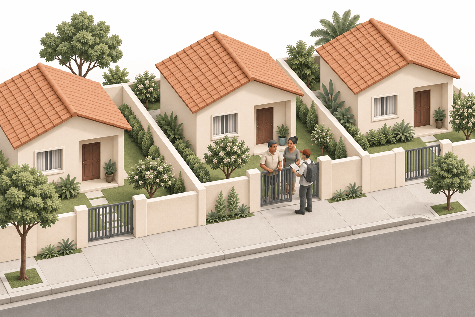 Ilustração de uma pesquisadora conversando com moradores em frente às suas casas