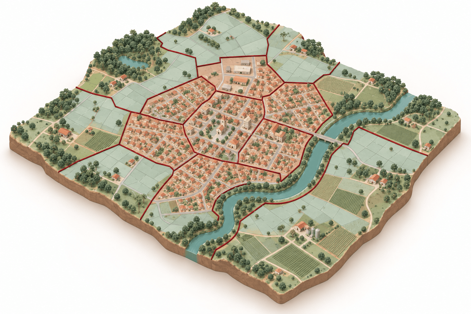 Ilustração de um município visto do alto, dividido em regiões por linhas vermelhas: regiões menores no centro urbano e maiores na área rural, cortada por um rio