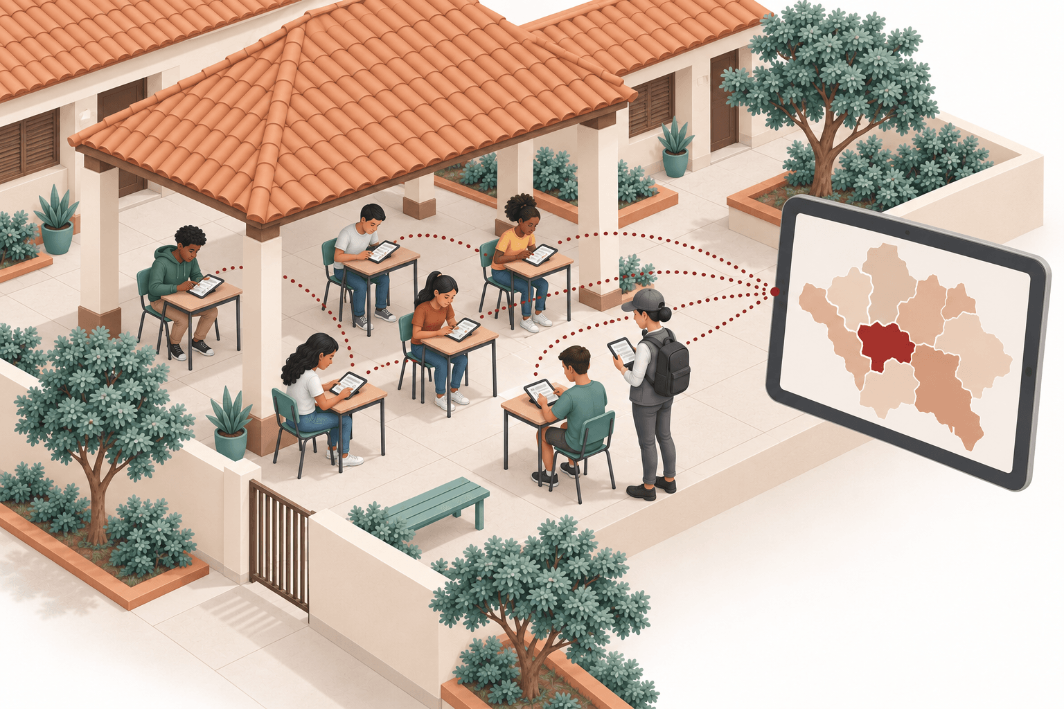Ilustração de adolescentes respondendo a um questionário em tablets no pátio de uma escola, acompanhados pela equipe de pesquisa, com as respostas ligadas ao mapa das regiões do município