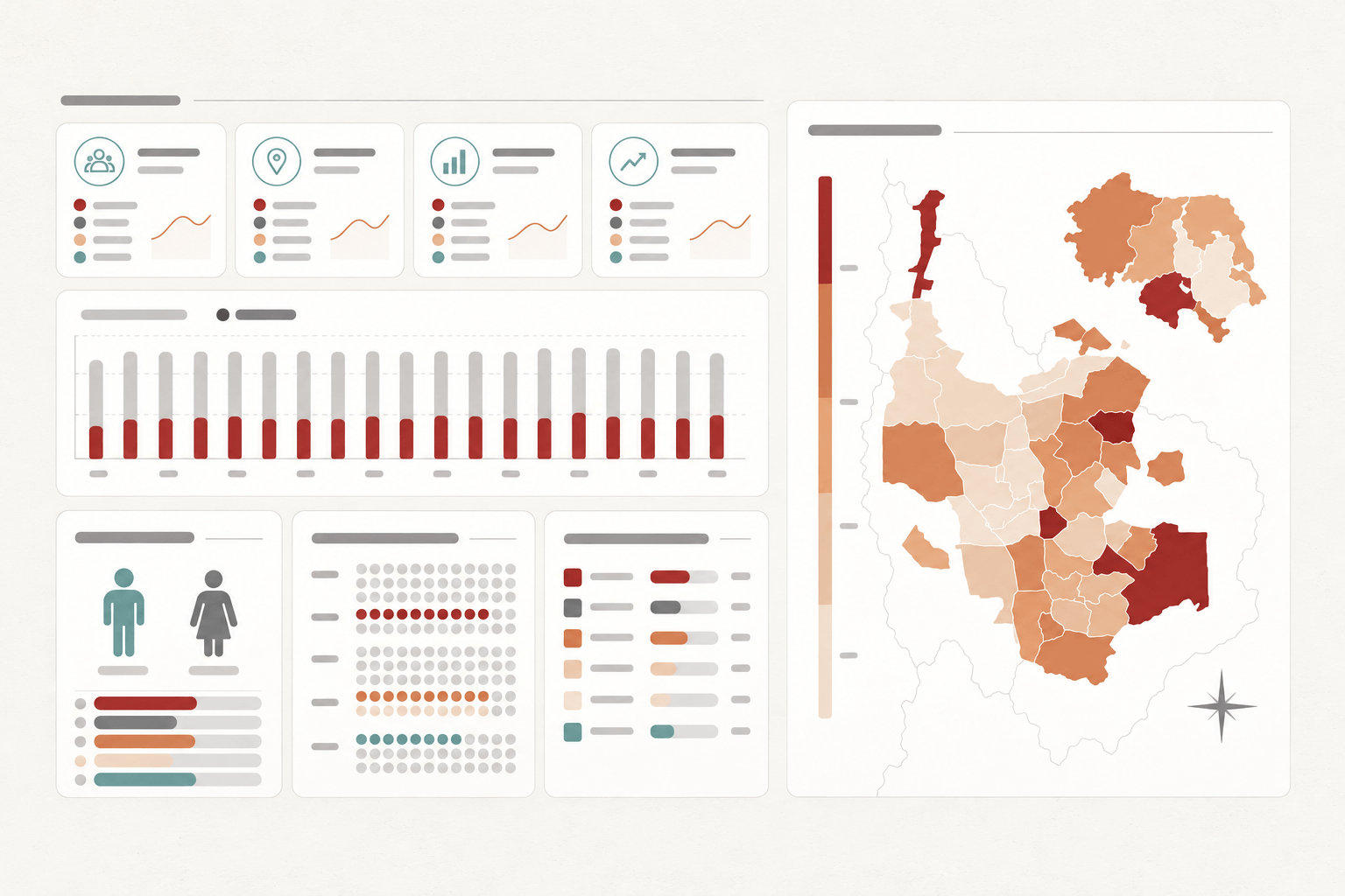 Ilustração de um painel de indicadores sociais com gráficos e o mapa de um município dividido em regiões