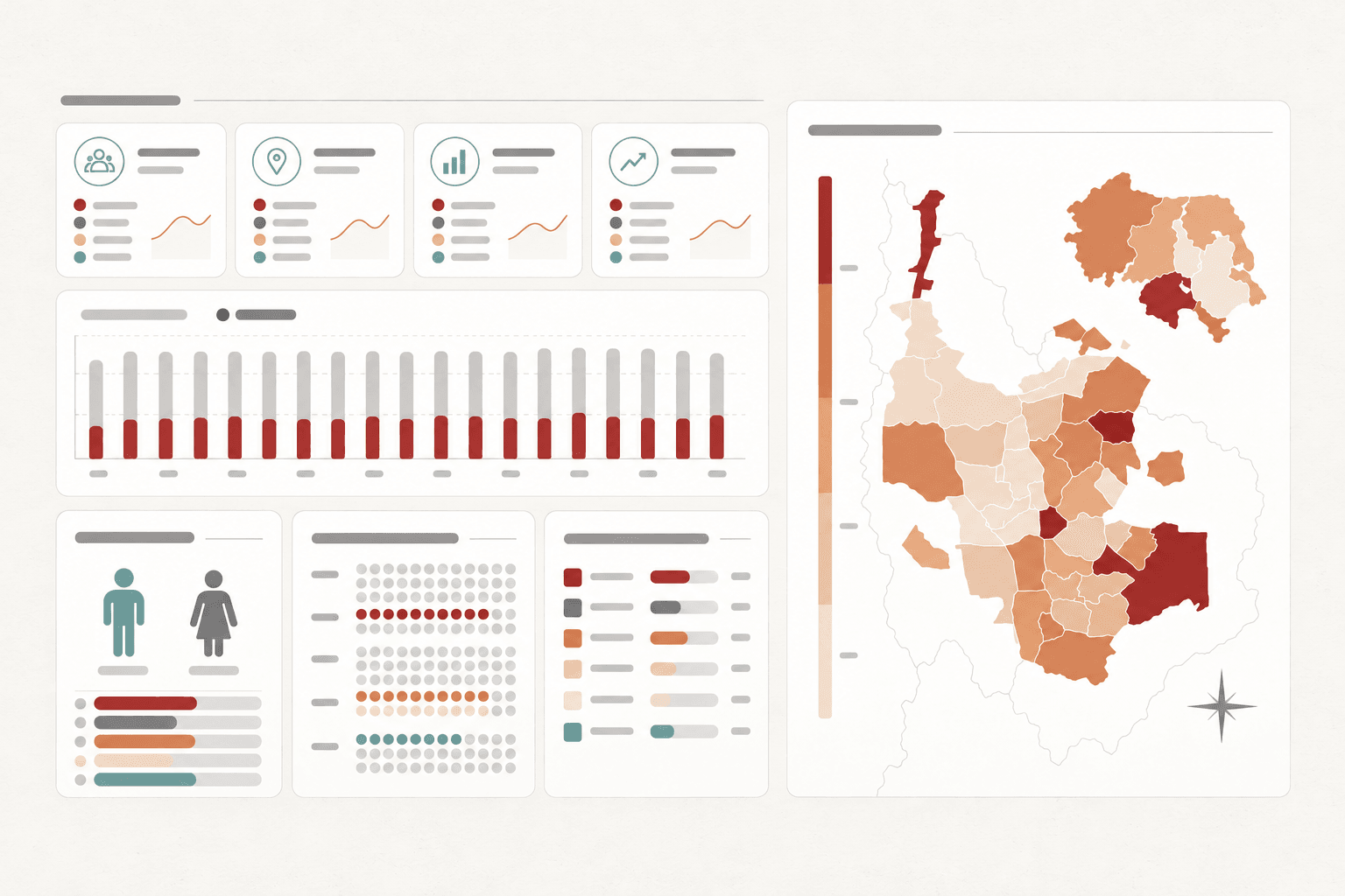 Ilustração de indicadores sociais com gráficos e um mapa regional dividido em distritos