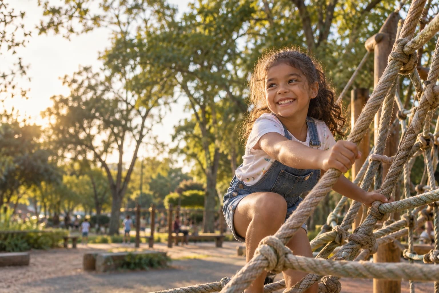 Imagem ilustrativa de uma criança brincando em uma estrutura de cordas no parque