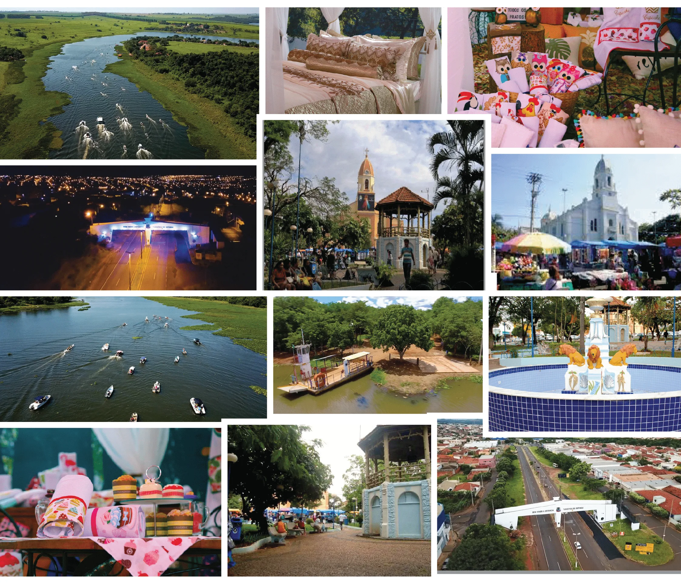 Mosaico de fotografias de Ibitinga: rio com barcos, pórtico de entrada da cidade, igrejas, coretos, chafariz com leões, bordados e vista aérea