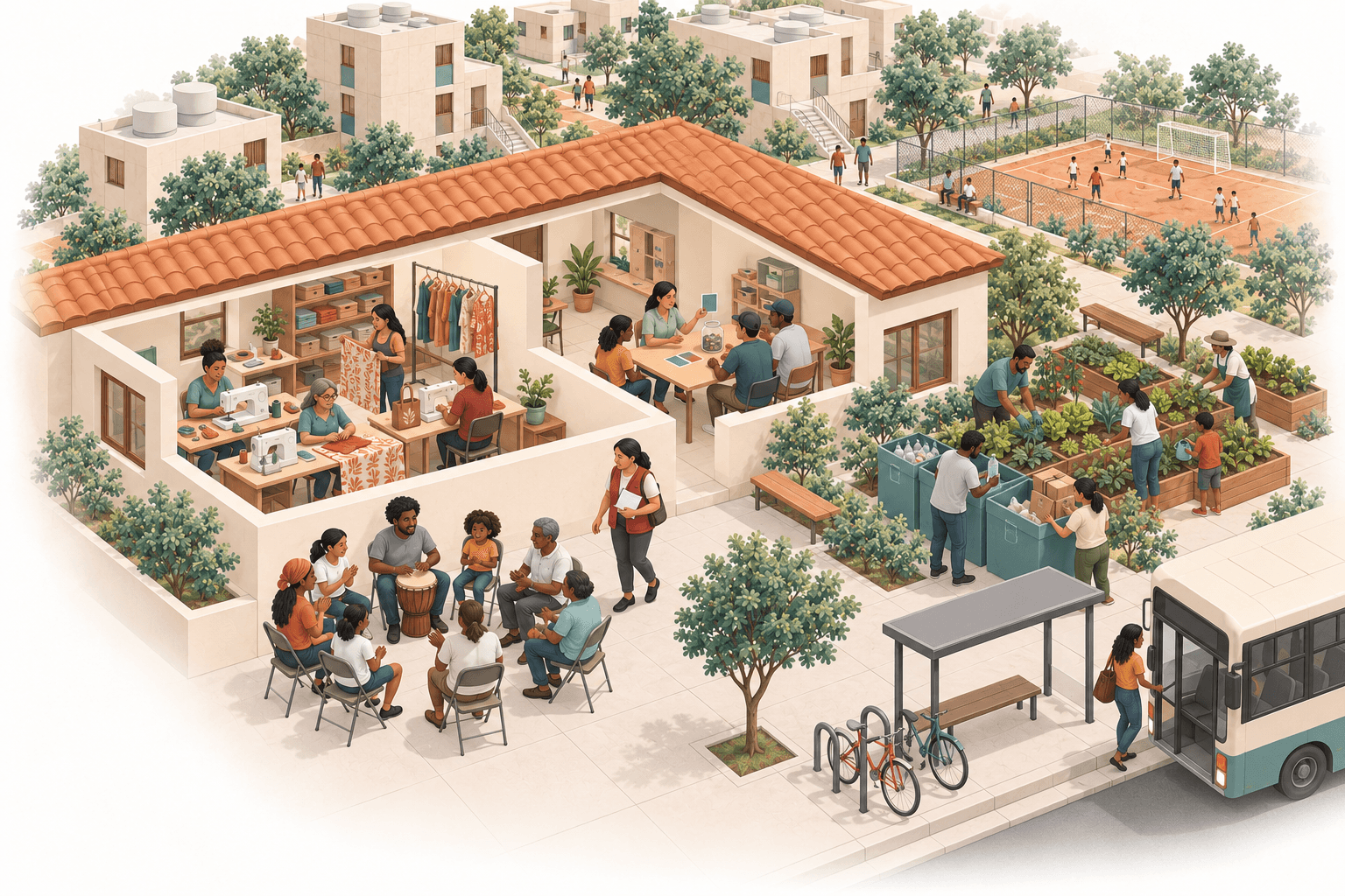 Ilustração de um centro comunitário em um conjunto habitacional: oficina de costura, educação financeira, horta, separação de recicláveis, uma roda cultural e um ponto de ônibus, com uma profissional do trabalho social circulando entre os grupos