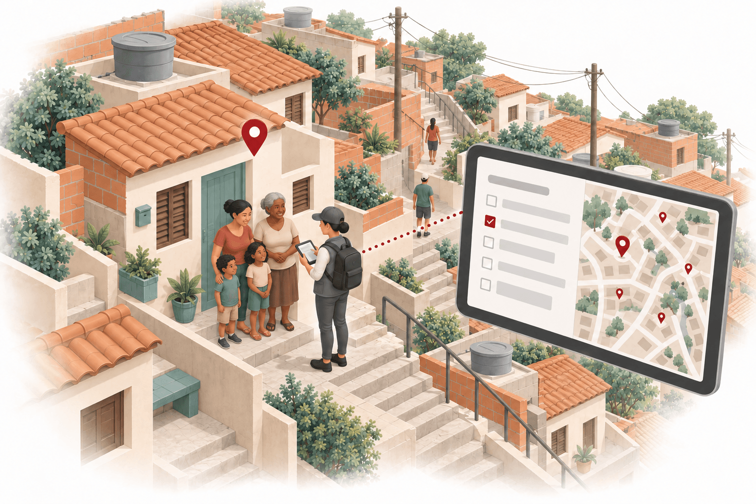 Ilustração de uma entrevista com uma família na porta de casa, em um bairro autoconstruído, com as respostas ligadas a um formulário no tablet e a pontos no mapa