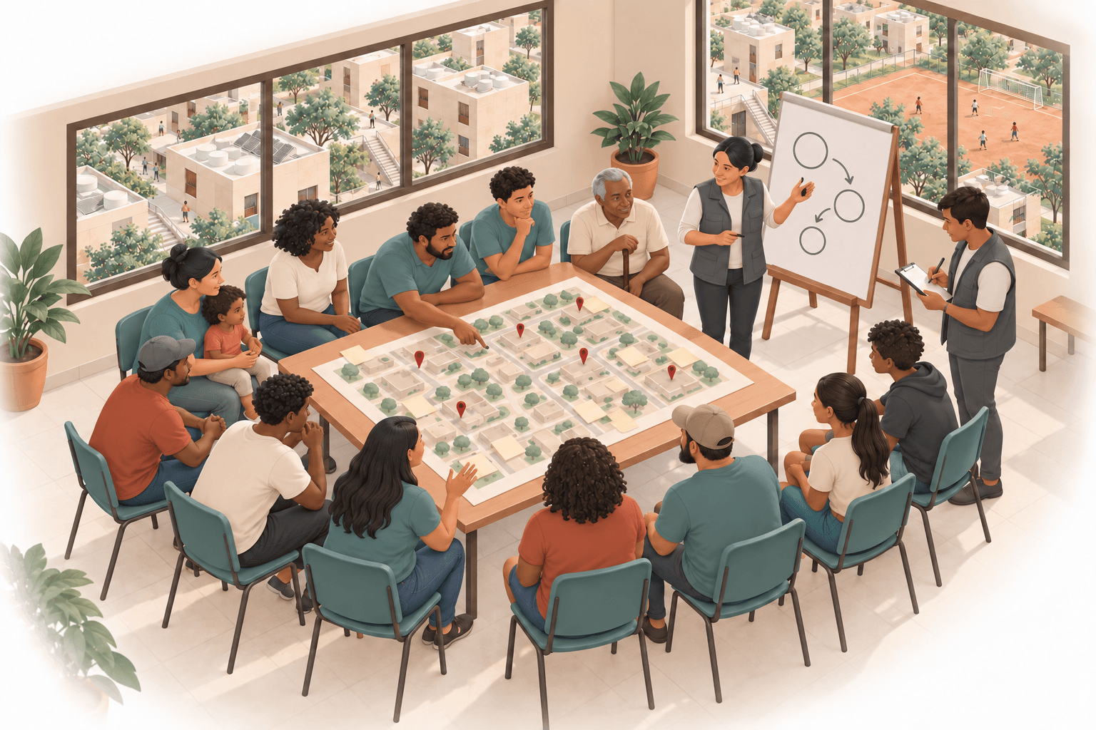 Ilustração de uma reunião participativa em um conjunto habitacional: moradores de várias idades marcam pontos em um mapa do bairro, com a equipe social conduzindo a conversa